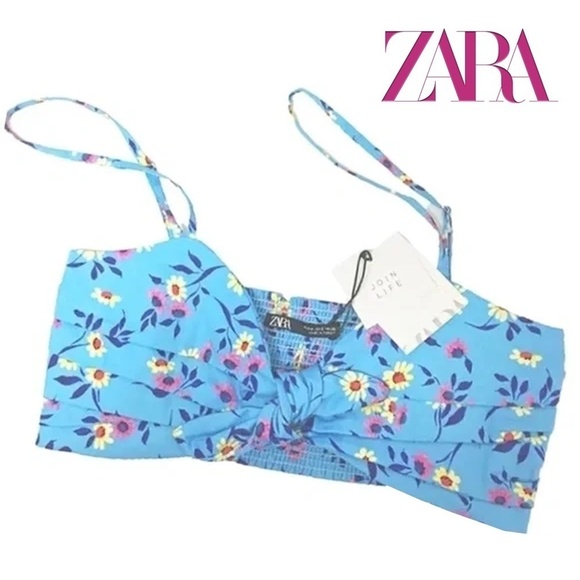 Zara Crop Top Bandeau Summer Blue Floral Shirred SmockePretty Cute Beachy - Picture 1 of 14